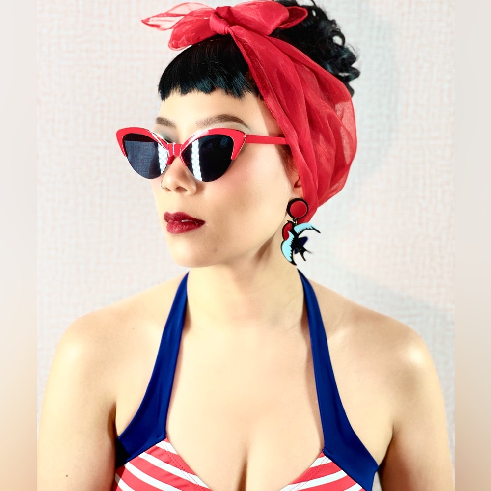 Red Retro 50'S Vintage Style Sheer Tulle Head Scarf  Wrap Bandana Neckerchief - Picture 2 of 5